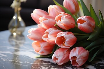  a bouquet of pink tulips sitting on top of a table next to a vase with flowers in it.