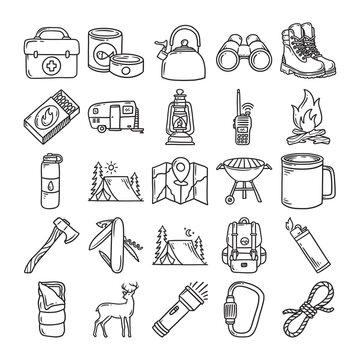 Camping hand drawn icon vector set