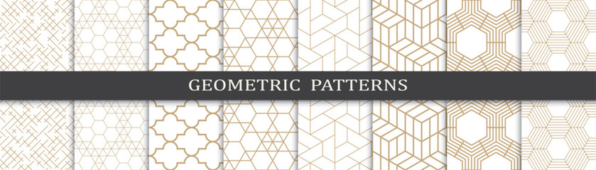 Golden geometrical pattern set. Minimal golden ornament vintage print. Arabic decoration pattern.