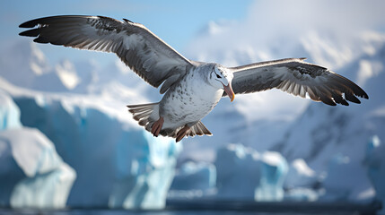 A solitary albatross in flight, with a vast expanse of open ocean and ice as the background, during its migration around the Antarctic continent