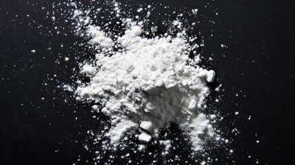 White flour on the black background. Baking powder.