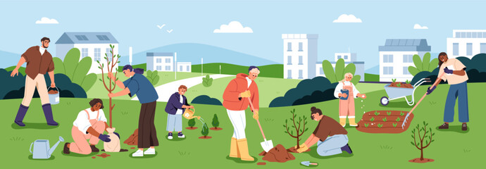 People planting trees in city park, garden, farm. Eco volunteers team, happy adults and kids work outside in nature together for ecology and environment conservation. Flat vector illustration - obrazy, fototapety, plakaty