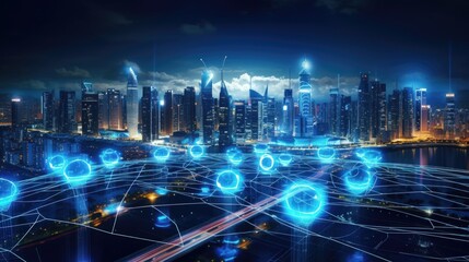 Smart city and big data connection on night megapolis city skyline background. Generate AI image