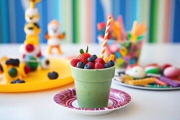 kid-friendly: spinach berry smoothie in a colorful cup with a bendy straw, playful setting