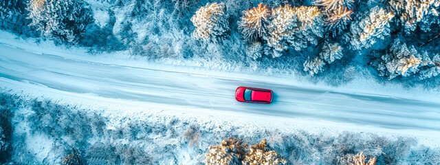 Red car on snowy mountain road, aerial view.
