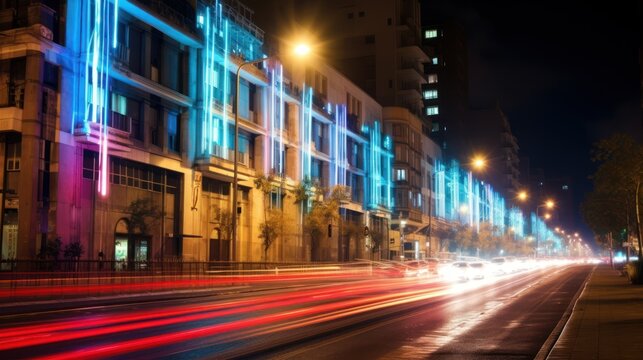  a blurry photo of a city street at night with a building in the background and street lights in the foreground.