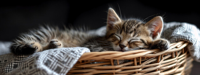 a little cat is sleeping in a basket. Close-up - obrazy, fototapety, plakaty