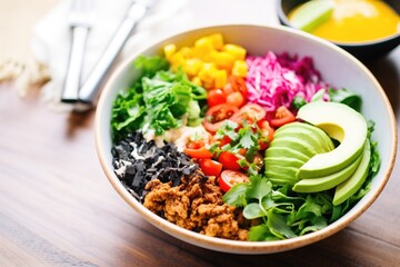 colorful taco salad bowl with mixed greens and avocado