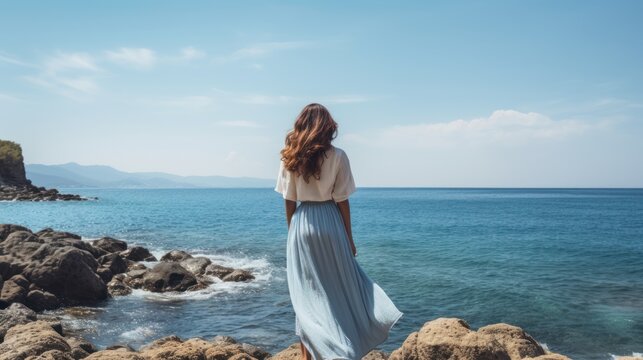 woman standing by the sea, alone, young female travel for recreation and relax lonely on summer, travel, vacation, worried, problem, nature, landscape, leave of work, vacation day