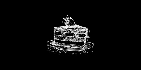 Hand Drawn Sketch Slice Of Cake With Cream And Cherry On Top Vector Illustration.
