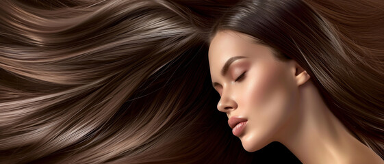 A portrait of serenity: A woman's profile with lustrous, flowing hair cascading in silky waves, embodying elegance and natural beauty