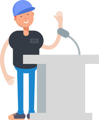 Boy Character Speaking on Podium
