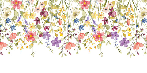Floral border, drop, banner with flowers, leaves. Watercolor wildflowers background.