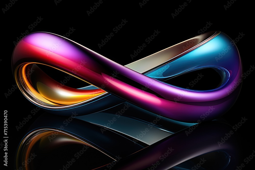 Poster a multicolored object with a reflection on a black surface with a reflection of the object in the mi