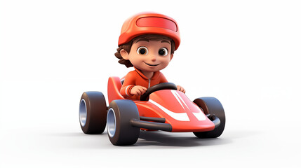 Boy driving orange go kart with orange helmet isolated in white background 3D cartoon