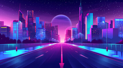 Neon light on night city road street cartoon landscape set of illustration.