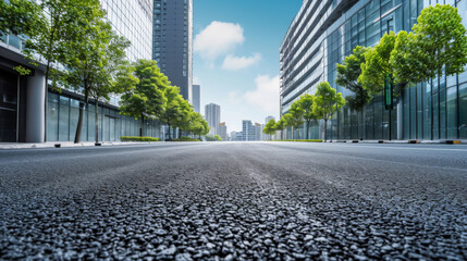 Side view of asphalt road with modern building exterior background  - obrazy, fototapety, plakaty