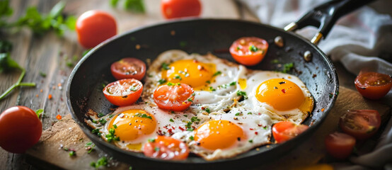 Sunny-side-up eggs sizzle in a pan, garnished with halved cherry tomatoes and herbs, a rustic delight for a hearty breakfast