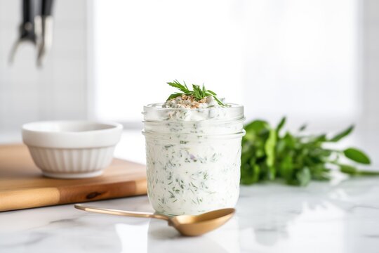 tzatziki jar with a spoon on a marble countertop