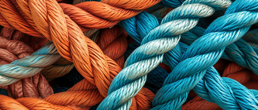 A tapestry of strength and color: intertwined ropes in vibrant orange and blue hues, symbolizing connection and resilience