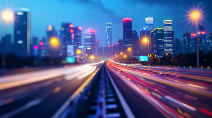 Fototapeta na wymiar Blurred urban traffic road with cityscape in background China