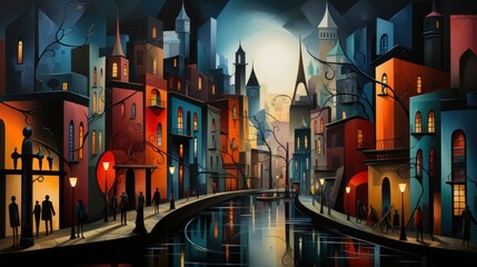 Naklejka premium a painting of a city at night with people walking on the street and buildings on the other side of the river.