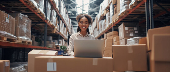 Efficient and cheerful, a young businesswoman manages logistics in a warehouse, surrounded by parcels ready for dispatch