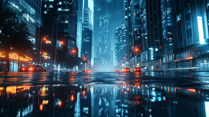 Fototapeta na wymiar 3D Rendering of modern skyscraper buildings in large city at night with reflection on wet puddle street after raining. 