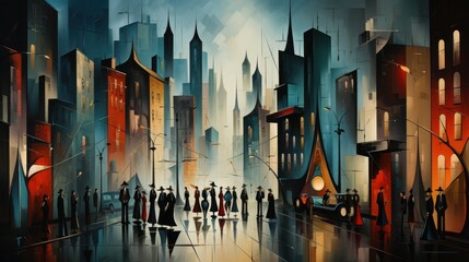  a painting of a group of people standing in front of a city with tall buildings and a street light at night. - obrazy, fototapety, plakaty
