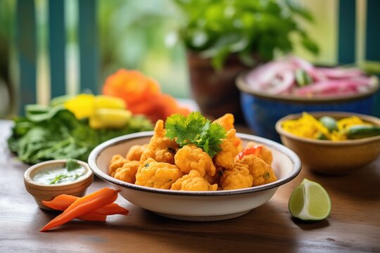 fresh vegetables beside batter-coated pakoras