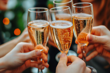Friends raise glasses of champagne at a party. People clinking glasses with champagne at home, closeup. Celebration. Champage with blurred background