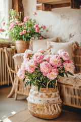 Fototapeta na wymiar Modern bohemian room with flowers in basket.