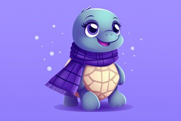  a turtle wearing a scarf and a scarf around it's neck, with eyes wide open, sitting on a purple background.