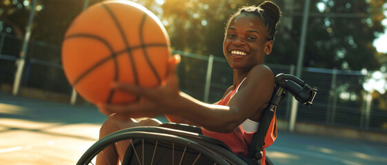 Joy in motion: A young athlete's radiant smile captures her passion for wheelchair basketball, basking in the golden hour glow - obrazy, fototapety, plakaty