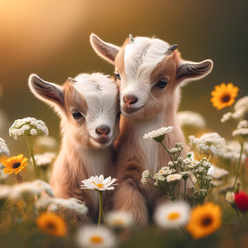 Little funny baby goat jumping in the field with flowers. Farm