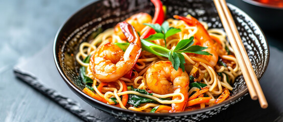 Aromatic stir-fry noodles with succulent shrimp, vibrant vegetables, and fresh herbs artfully presented in a traditional bowl