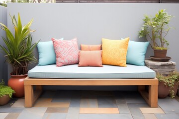 slate patio with a built-in bench and pillows