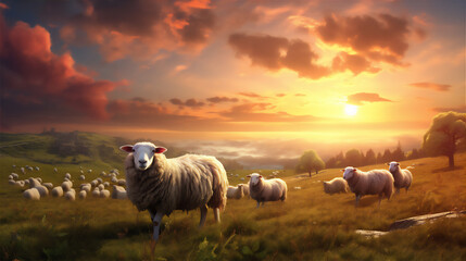 sheep in the field at sunset - obrazy, fototapety, plakaty
