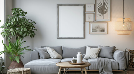 Mockup frame in Scandinavian living room interior with grey sofa, table and decor. Generative Ai