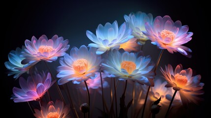  a close up of a bunch of flowers on a black background with a blue and pink light coming from the center of the flowers.