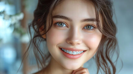 Beautiful smiling young woman wearing dental braces. Stomatology, dentistry - obrazy, fototapety, plakaty