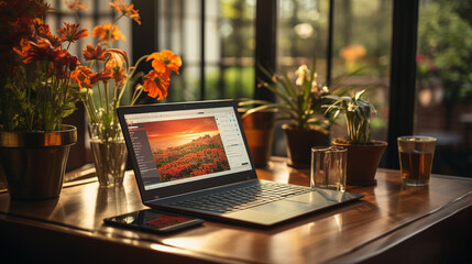 Laptop on desktop, aesthetic, work scene