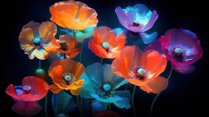  a bunch of colorful flowers that are on a black background with a blue light in the middle of the picture.