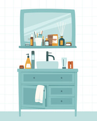 Skin care cosmetics stand on a shelf. Bathroom with washbasin, chest of drawers and mirror. Flat vector illustration.