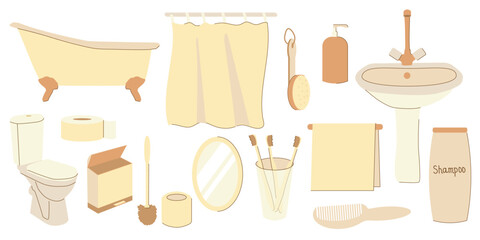 Obraz premium Modern bathroom interior. Vector flat illustration.sink, mirror, towel holder, toilet bowl, bathroom shelf with bottles, bath with screen