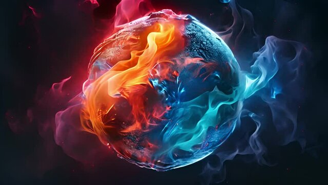 Glowing energy effect ying-yang. Futuristic glowing fire and ice 3d sphere ball of glowing orange and blue particles. Neon sphere in the Universe. Abstract technology, science and artificial intellige