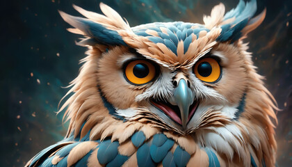 Fantasy Illustration of a wild Owl bird. Digital art style wallpaper background.