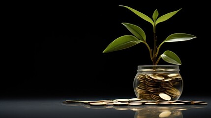  a glass jar filled with gold coins and a plant growing out of the top of one of the glass jars.