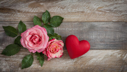 rose on wooden background, red heart and rose on wooden background, space for writing.