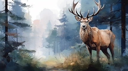 A large deer in a spruce forest. Painting of wild animal in natural